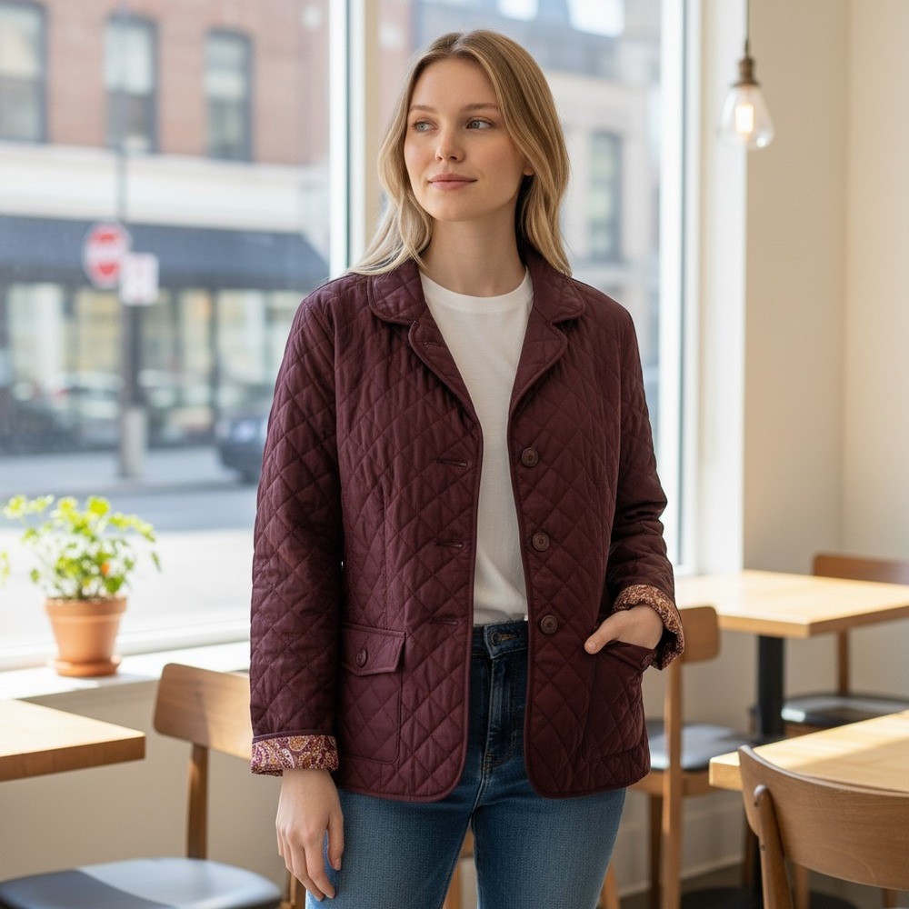 Van Heusen Women Burgundy Quilted Barn Jacket Paisley Lining •L• Preppy Layering